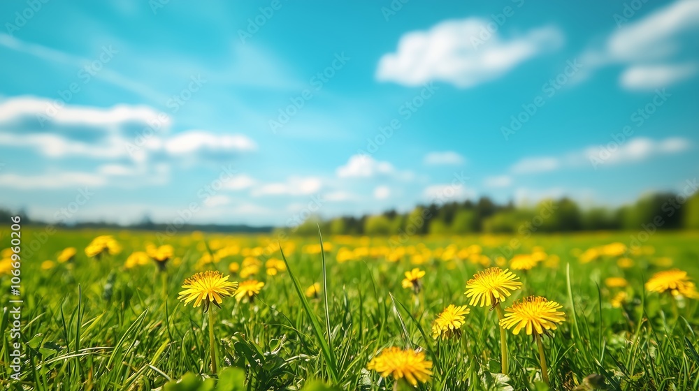 Naklejka premium A vibrant field of blooming dandelions under a clear blue sky on a sunny day in springtime