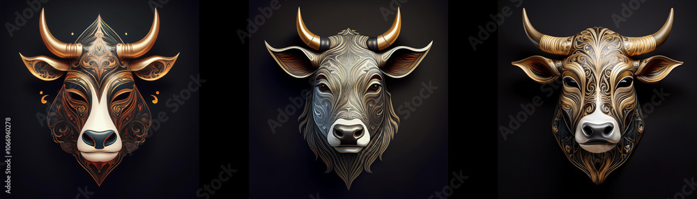 Three intricately designed bull masks are isolated against a black background. Three intricately designed bull masks are isolated against a black background.