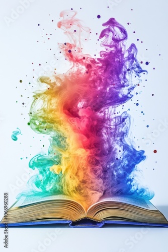 Open book transforming into colorful smoke and fantasy world,