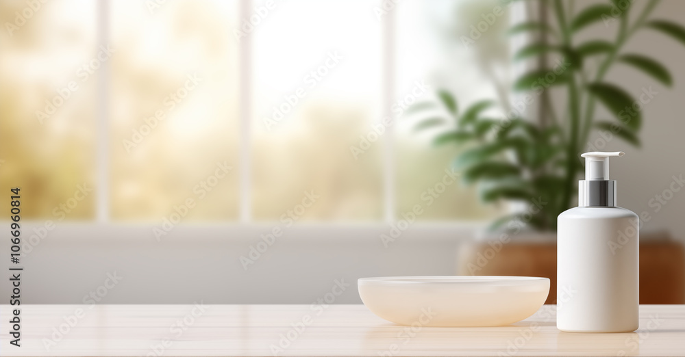 Fototapeta premium Marble tabletop, empty podium product display, over blurred window to the bathroom. Product cosmetic display presentation, advertising, mockup, showcasing. 