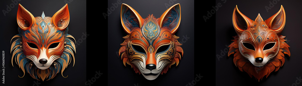 Three fox masks are isolated on a black background. The masks are detailed and feature intricate designs. Three fox masks are isolated on a black background. The masks are detailed and feature intricate designs.