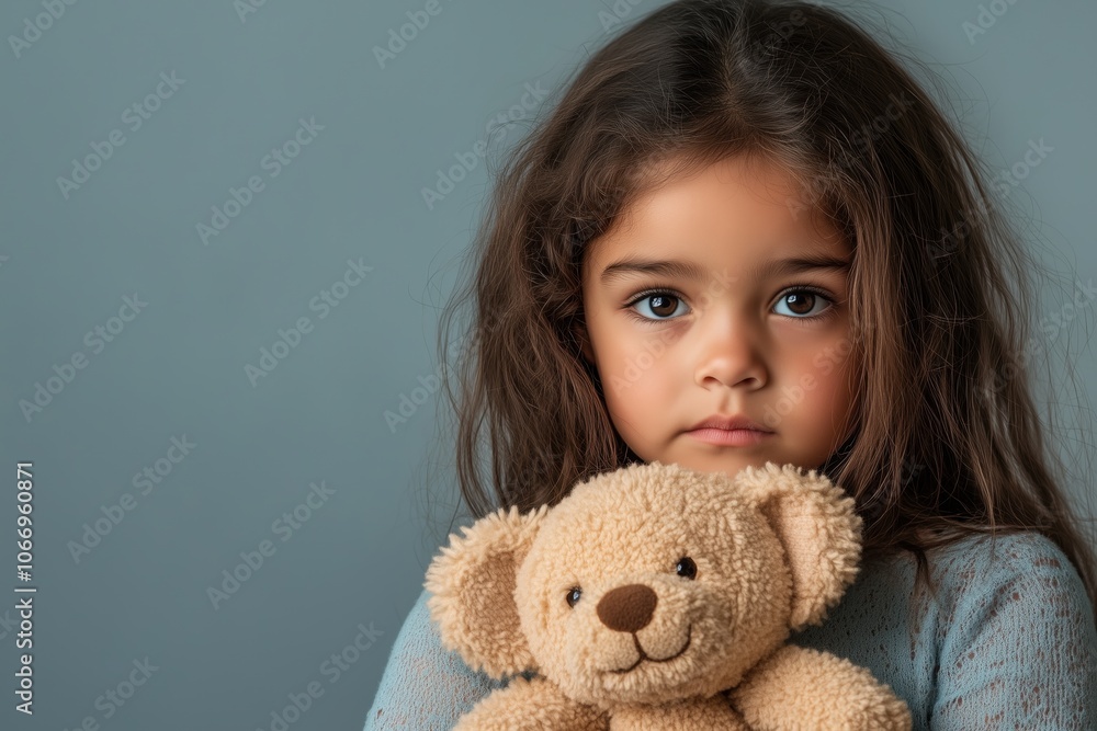 A child girl with a sad expression holds a teddy bear in the studio A child girl with a sad expression holds a teddy bear in the studio