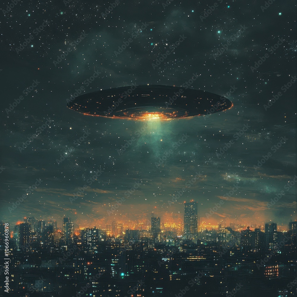 A massive UFO hovering above a glowing city at night, casting an eerie light across the skyline, with distant stars and galaxies visible in the sky A massive UFO hovering above a glowing city at night, casting an eerie light across the skyline, with distant stars and galaxies visible in the sky