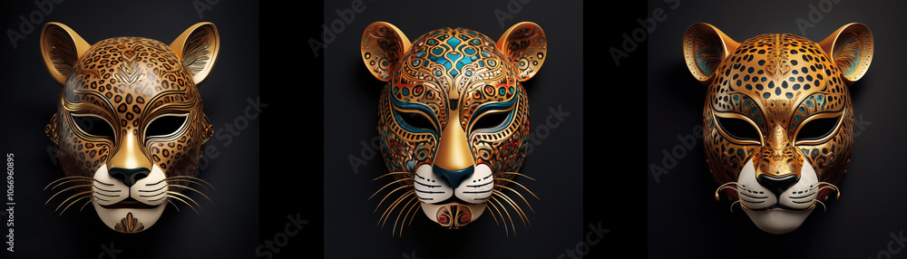 Three ornate jaguar masks, isolated against a black background. Three ornate jaguar masks, isolated against a black background.