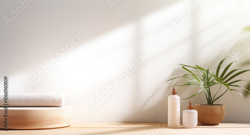 Wooden tabletop, empty podium product display, over blurred wall background with soap, washbasin. Presentation, advertising, mockup, showcasing.