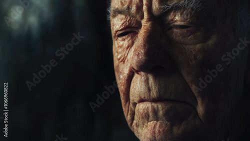 Emotional Portrait of Elderly Man with Deep Wrinkles and Closed Eyes