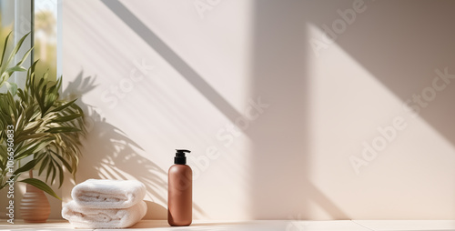 Tabletop, empty podium product display over blurred window and wall background, cream with dispenser. Presentation, advertising, mockup, showcasing.	
