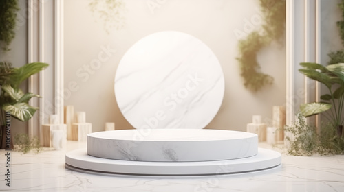 White marble tabletop, empty podium product display, over bathroom background with mirror.