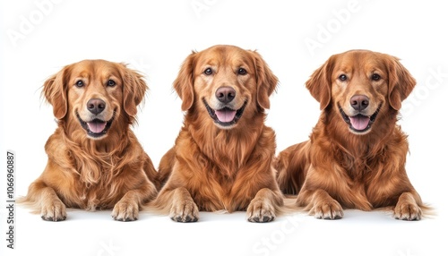 Three happy golden retrievers lounging together against a white backdrop