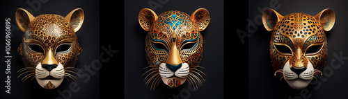 Three ornate jaguar masks, isolated against a black background.