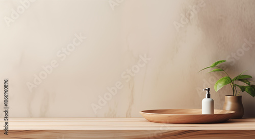 Home table with a wooden round empty board, blurred wall background. Cosmetic presentation, advertising, mockup, showcasing.	
