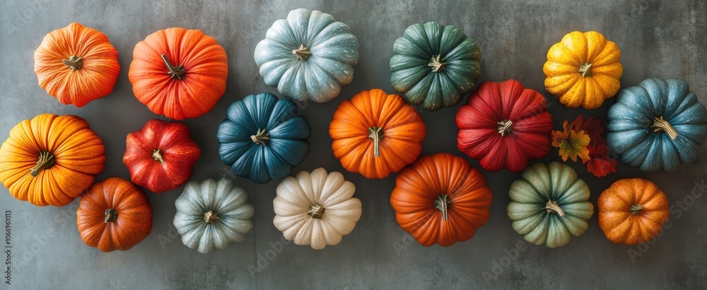 Top-Down Shot of Textured Colorful Pumpkins in Autumn Shades Top-Down Shot of Textured Colorful Pumpkins in Autumn Shades
