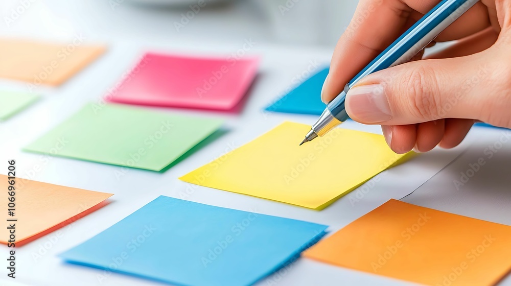 A hand holds a pen above colorful sticky notes arranged on a surface, suggesting brainstorming or organizational tasks. A hand holds a pen above colorful sticky notes arranged on a surface, suggesting brainstorming or organizational tasks.