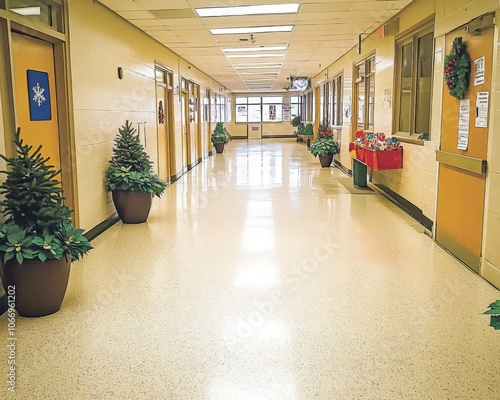 American elementary school decorated for Christmas hallway with small trees