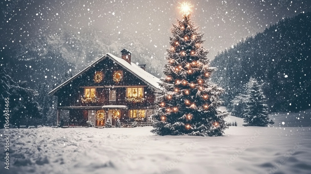 Christmas eve snow falling on decorated house and christmas tree Christmas eve snow falling on decorated house and christmas tree