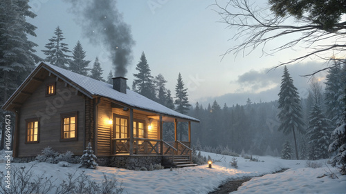 Cozy winter cabin with smoking chimney in snowy forest

