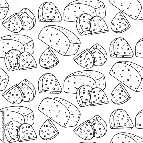 A pattern of doodles depicting various pieces of Feta cheese. A whole piece of pressed dairy product with sliced pieces. Greek curd cheese made from dairy products has a seamless texture