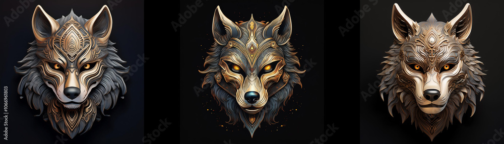 Naklejka premium Three wolf masks are isolated against a black background.