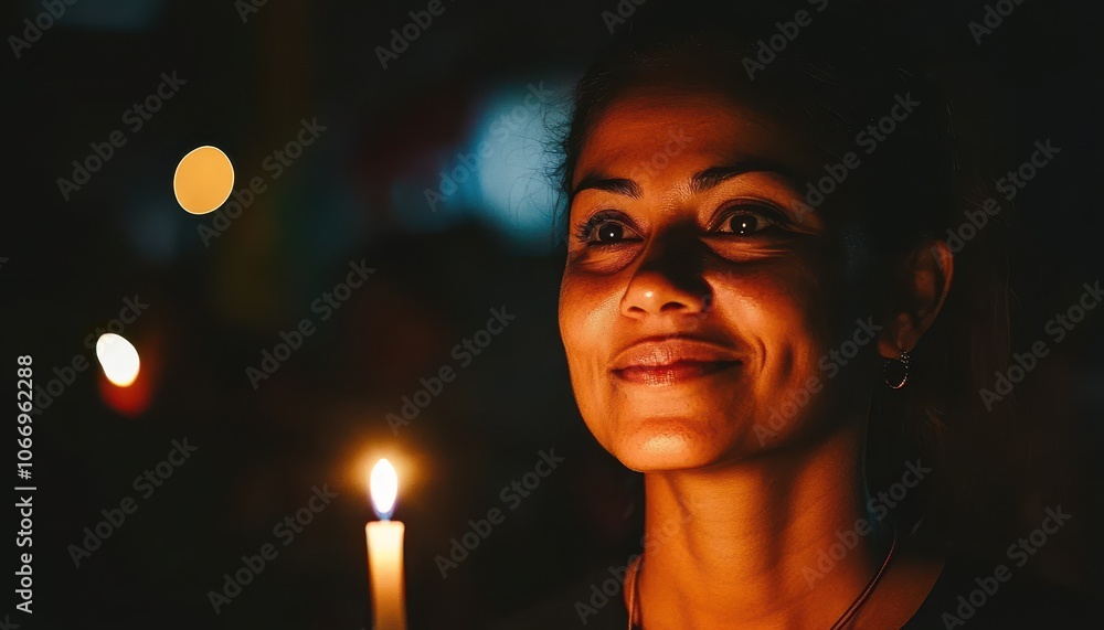 Woman smiling softly by candlelight in a dimly lit setting during a gathering Woman smiling softly by candlelight in a dimly lit setting during a gathering