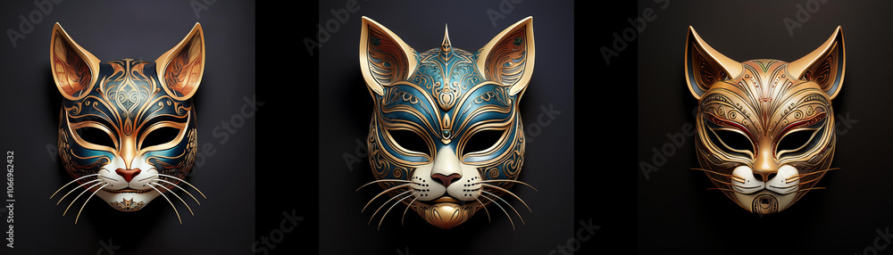 Naklejka premium Three ornate cat masks isolated on a black background.