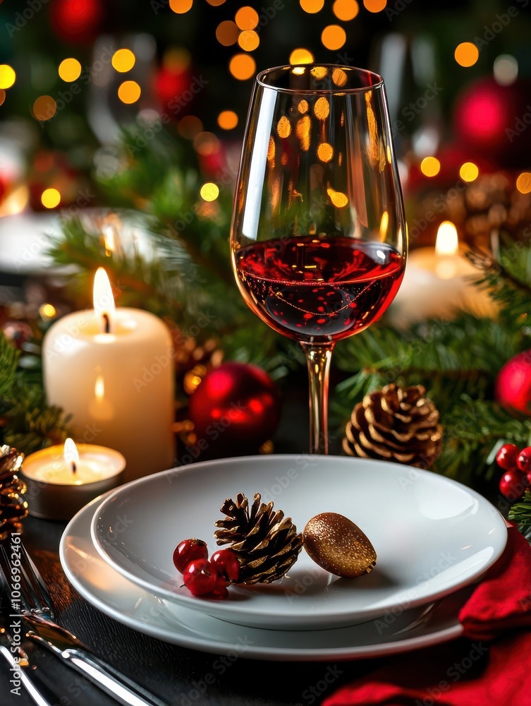 Elegant holiday dining setup featuring wine, candlelight, and festive decorations. Elegant holiday dining setup featuring wine, candlelight, and festive decorations.