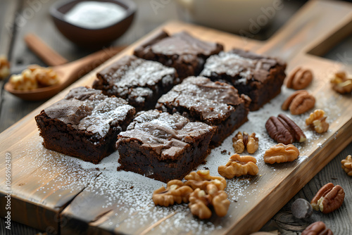 Fudgy chocolate brownies with crackly top and powdered sugar on a rustic board with walnuts