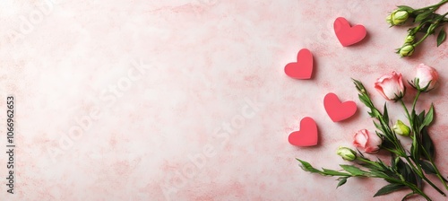 Romantic Valentines Day Background with Heart Shapes and Pink Roses on a Texture Backdrop