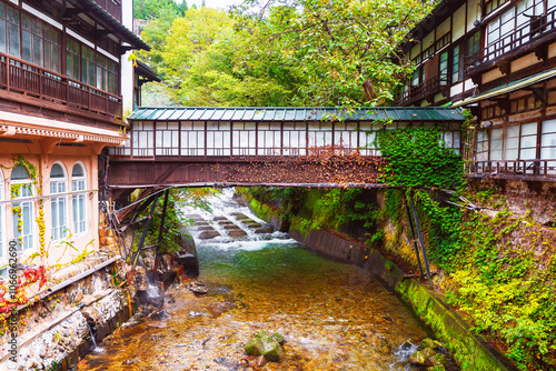 Historic Covered Corridor Bridge and Traditional Ryokan Building of Sekizenkan, Which are Early Showa (1930s) Period National Heritage (Shima Onsen, Gunma, Japan – October 2024) photo