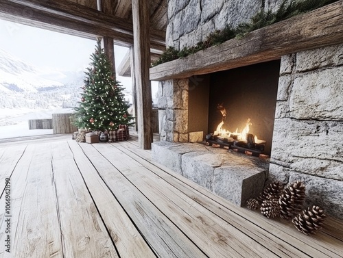 American log cabin interior Christmas tree adorned with plaid and pine cone ornaments