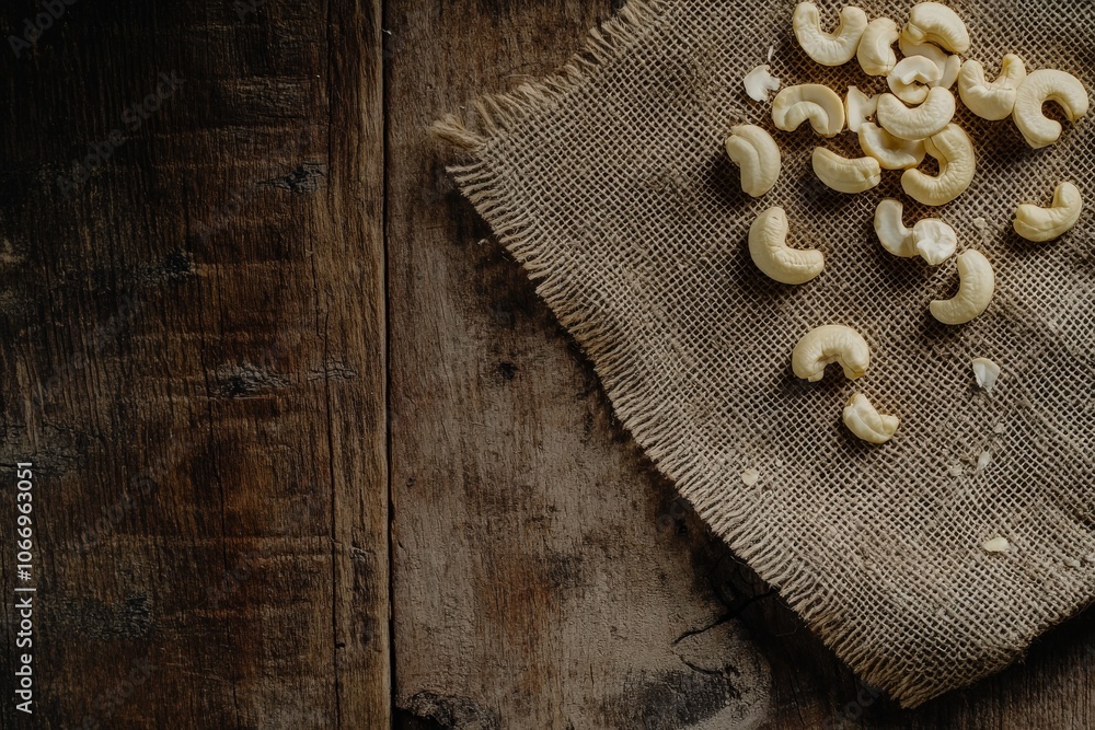 Scattered Nuts on Burlap with Rustic Wooden Background Scattered Nuts on Burlap with Rustic Wooden Background