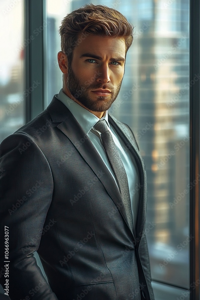 A handsome muscular man with rich chestnut brown with subtle auburn highlights hair, warm hazel eyes and light stubble wearing an elegant suit looking.generative ai A handsome muscular man with rich chestnut brown with subtle auburn highlights hair, warm hazel eyes and light stubble wearing an elegant suit looking.generative ai