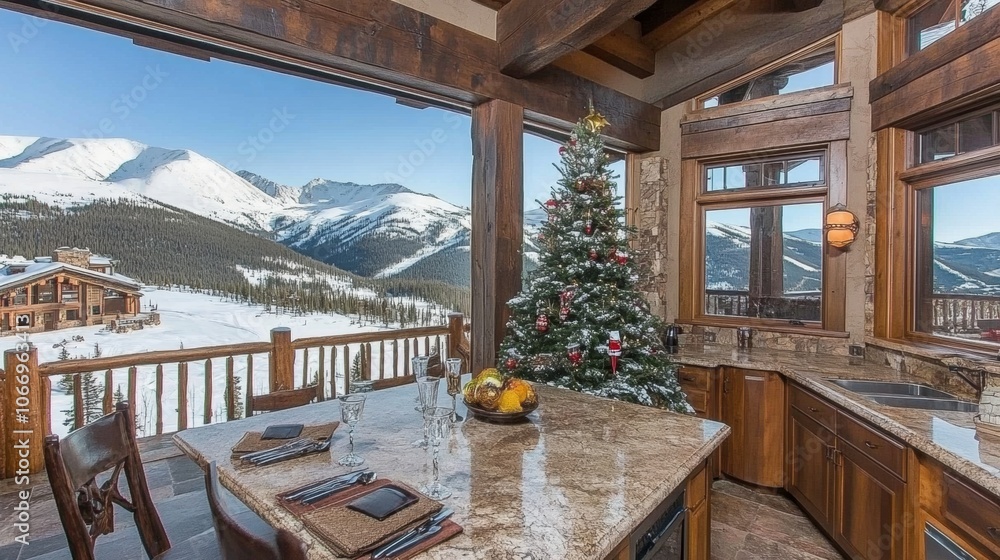 American mountain cabin with a simple Christmas tree rustic wooden decor American mountain cabin with a simple Christmas tree rustic wooden decor