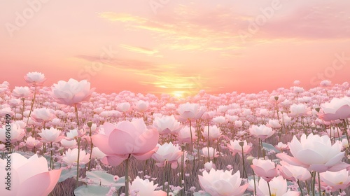 A beautiful field of white and pink flowers, with a sunset in the background, creating a dreamy and ethereal, cinematic