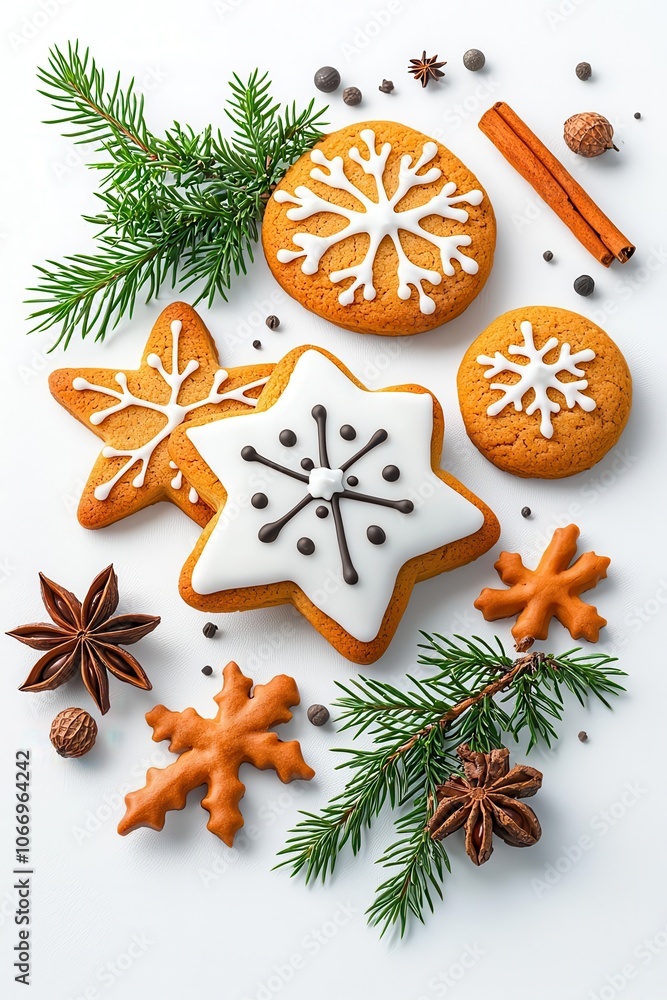 Decorative holiday cookies with icing, pine branches, and spices on a white background. Decorative holiday cookies with icing, pine branches, and spices on a white background.