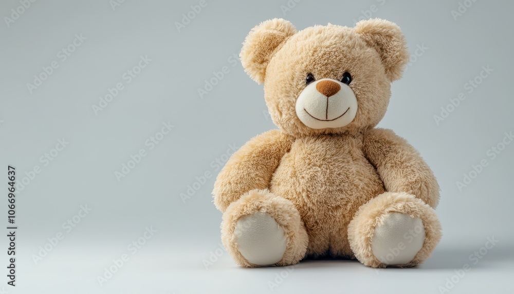 Fototapeta premium Brown teddy bear stuffed animal sitting isolated on light gray background