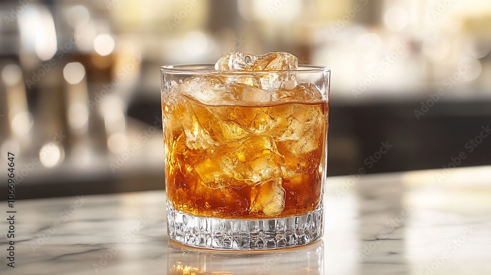 A glass of whiskey on the rocks sits on a bar counter. A glass of whiskey on the rocks sits on a bar counter.