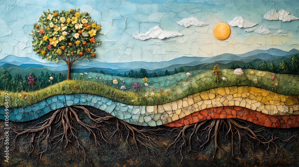 Blooming tree with exposed roots in a colorful landscape painting Blooming tree with exposed roots in a colorful landscape painting