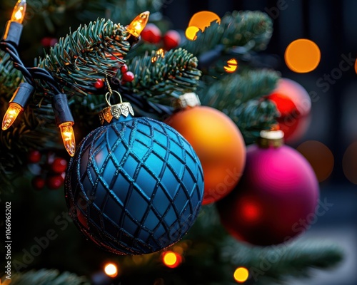 Colorful Christmas ornaments hanging on a pine tree with warm lights in the background. photo