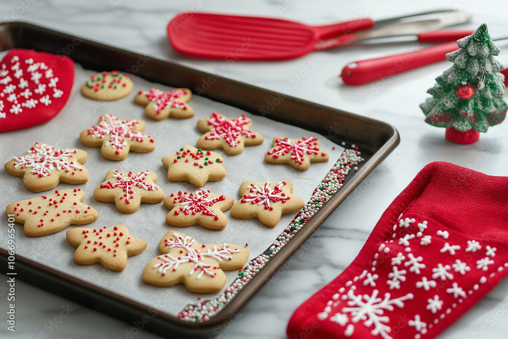 A tray of Christmas cookies with red sprinkles on them A tray of Christmas cookies with red sprinkles on them
