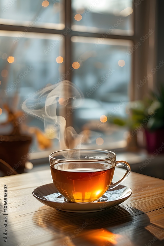 Steaming cup of tea placed on a minimalist table in front of a window AI generated illustration Steaming cup of tea placed on a minimalist table in front of a window AI generated illustration