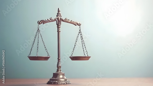 Classic metal scales of justice on wooden surface