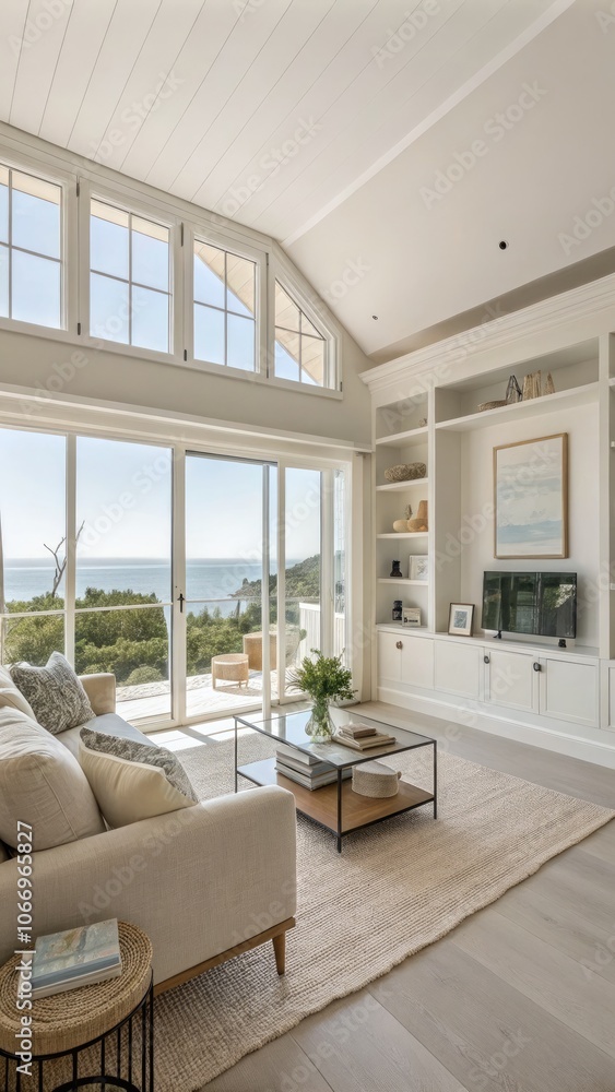 Bright and airy living room with ocean view and modern decor in coastal home. Generative AI Bright and airy living room with ocean view and modern decor in coastal home. Generative AI