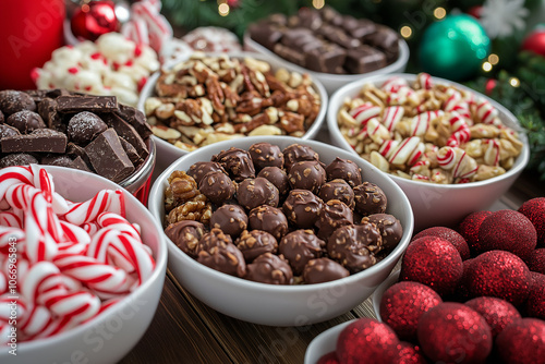 A table with a variety of food items, including nuts, chocolate, and candy