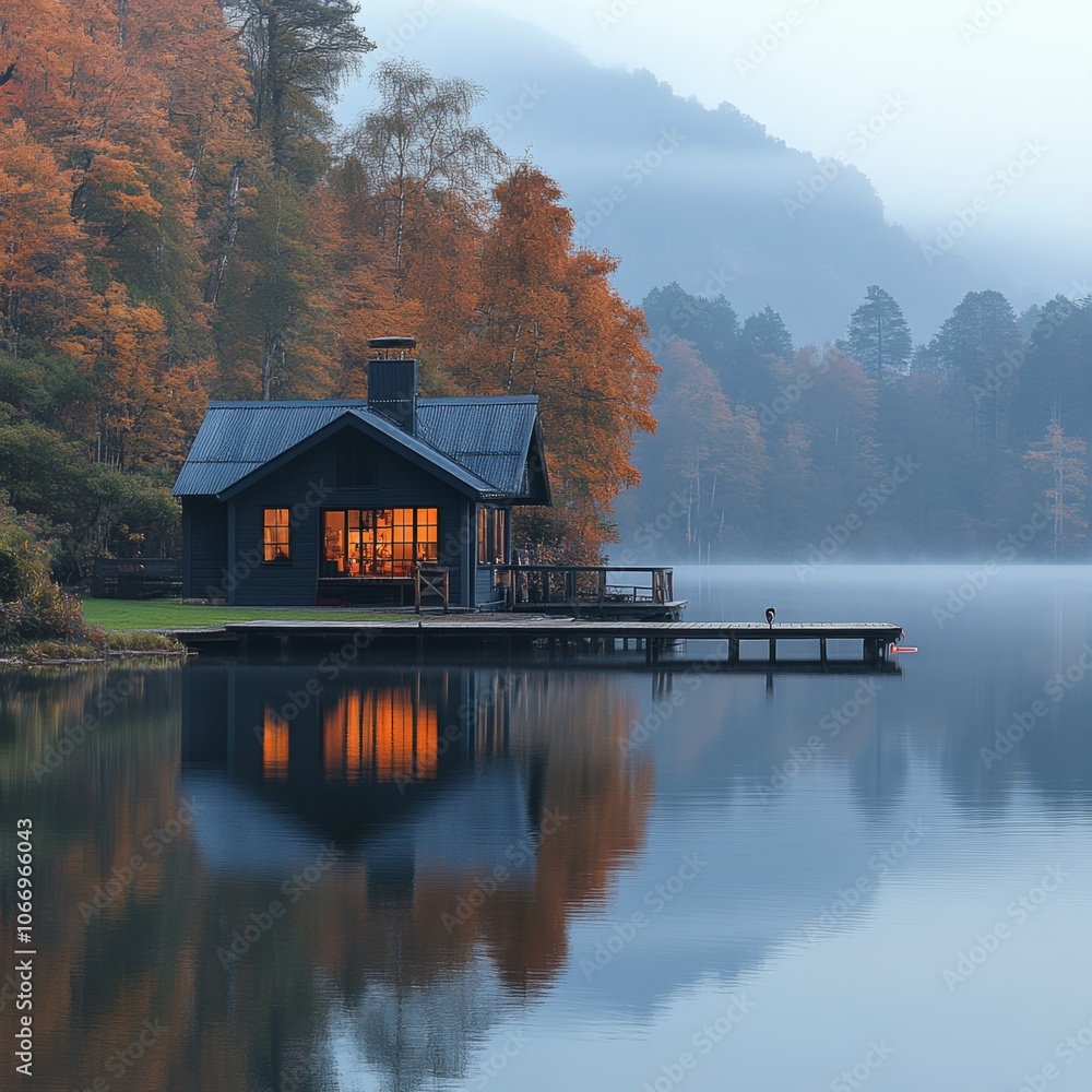 Tranquil Lakeside Cabin Autumn Fall foliage lake house nature Tranquil Lakeside Cabin Autumn Fall foliage lake house nature