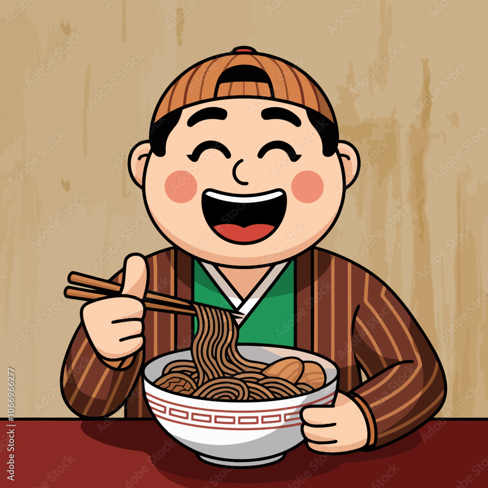 Happy character enjoying noodles with chopsticks Happy character enjoying noodles with chopsticks