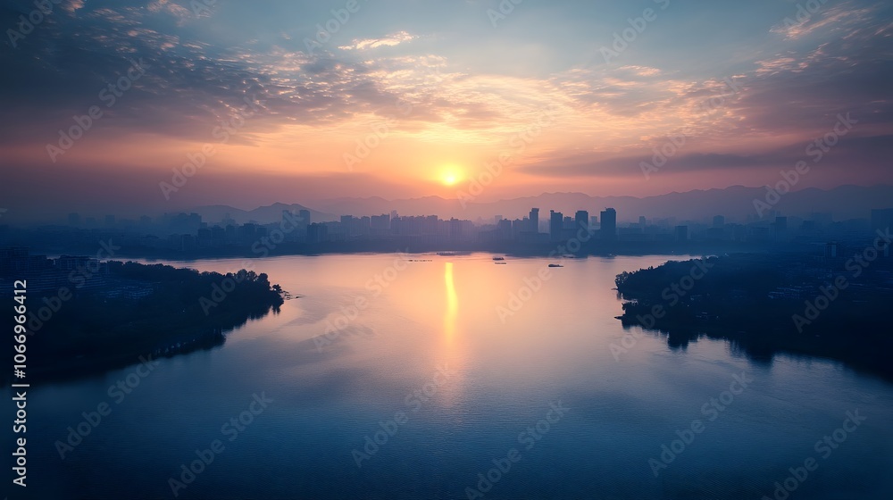 Tranquil High-Angle View of Hangzhou's West Lake With Scenic Cityscape at Sunset Tranquil High-Angle View of Hangzhou's West Lake With Scenic Cityscape at Sunset