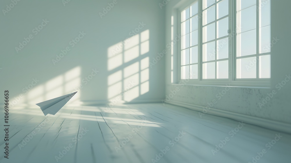 The graceful flight of a paper plane gliding through an empty room AI generated illustration The graceful flight of a paper plane gliding through an empty room AI generated illustration