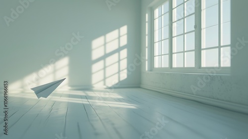 The graceful flight of a paper plane gliding through an empty room AI generated illustration