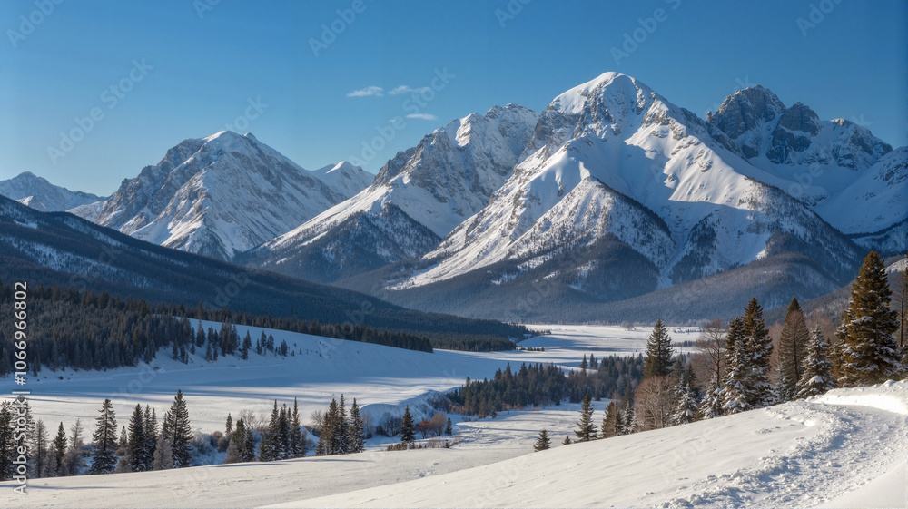 Fototapeta premium Snowy mountains in winter under clear blue sky