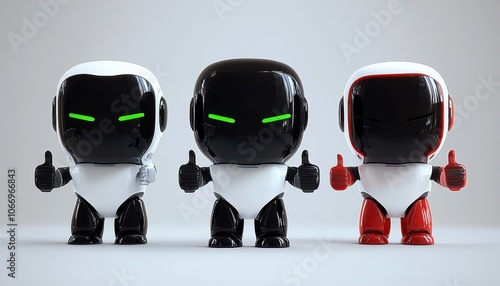 Friendly robots giving thumbs up in a clean, modern setting during daylight